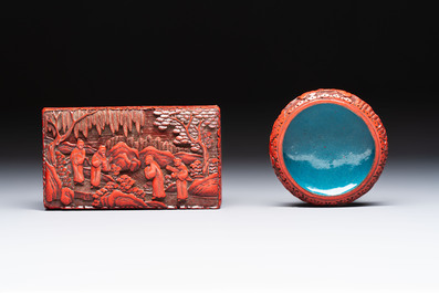 A pair of Chinese cinnabar lacquer bookends, a covered box and a brush washer, 19/20th C.