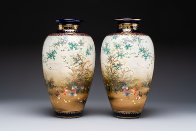 A fine pair of Japanese Satsuma 'Birds and Flowers' vases, Kinkozan 錦光山 mark, Meiji, 19th C.