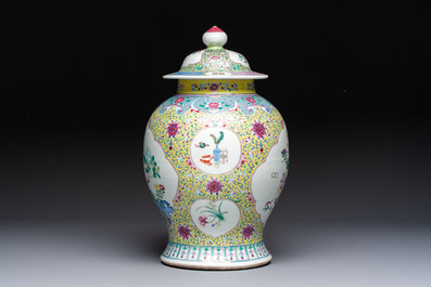 A Chinese famille rose vase and cover with birds among flowering branches, 19th C.