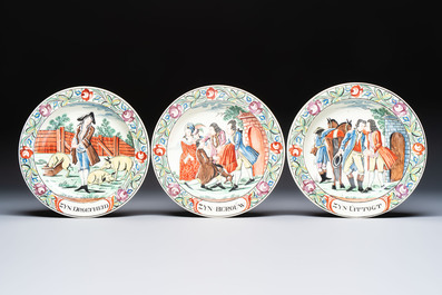 Five Dutch-decorated English 'Religious Subject' creamware plates, 18th C.