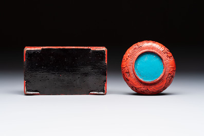 A pair of Chinese cinnabar lacquer bookends, a covered box and a brush washer, 19/20th C.