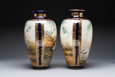 A fine pair of Japanese Satsuma 'Birds and Flowers' vases, Kinkozan 錦光山 mark, Meiji, 19th C.