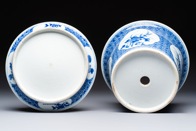 A Chinese blue and white jardini&egrave;re with stand, a 'Chilong' jar and a famille rose covered tureen, Guanyao 官窑 mark, 19th C.