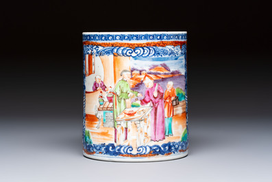 A Chinese famille rose 'Chui Xiao Yin Feng 吹簫引鳳' plate and a Canton famille rose tankard with figural design, Yongzheng/Qianlong
