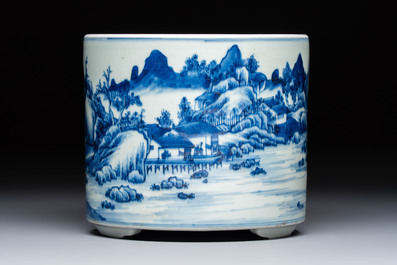 A Chinese blue and white 'Landscape' tripod censer, 20th C.