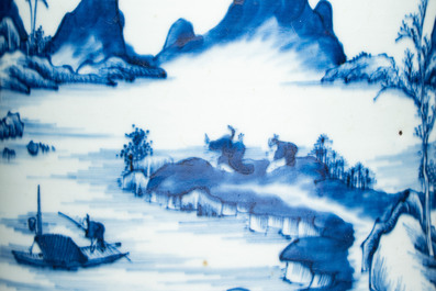 A Chinese blue and white 'Landscape' tripod censer, 20th C.