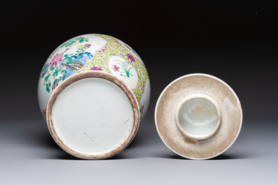 A Chinese famille rose vase and cover with birds among flowering branches, 19th C.