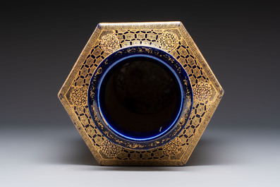 A fine Japanese Satsuma hexagonal vase with narrative design, Kinkozan 錦光山 mark, Meiji, 19th C.