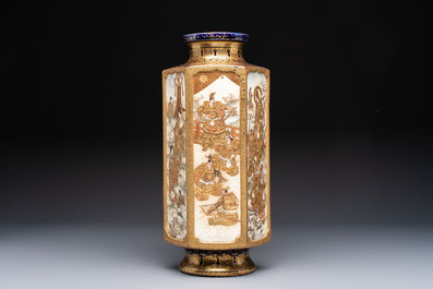 A fine Japanese Satsuma hexagonal vase with narrative design, Kinkozan 錦光山 mark, Meiji, 19th C.