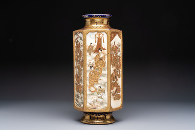 A fine Japanese Satsuma hexagonal vase with narrative design, Kinkozan 錦光山 mark, Meiji, 19th C.