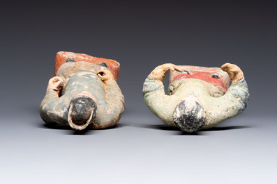 Three Chinese cold painted pottery figures, Sui/Ming