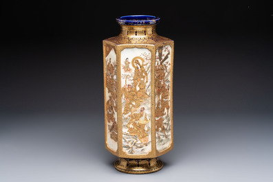 A fine Japanese Satsuma hexagonal vase with narrative design, Kinkozan 錦光山 mark, Meiji, 19th C.