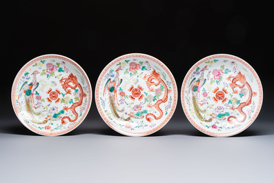 Seven Chinese famille rose 'Dragon and Phoenix' dishes, Qianlong mark, 20th C.