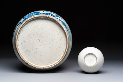 A Chinese turquoise-glazed Guanyin, a white-glazed bottle vase and a blue and white jar, 19th C.