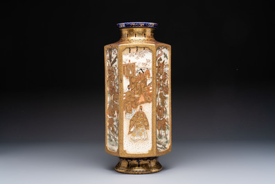 A fine Japanese Satsuma hexagonal vase with narrative design, Kinkozan 錦光山 mark, Meiji, 19th C.