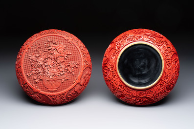 A Chinese cinnabar lacquer 'Flower Basket' box and cover, 19/20th C.
