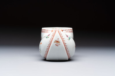 A famille verte-style armorial covered vase, a jar and a clog-shaped bowl, Samson, Paris, 19th C.