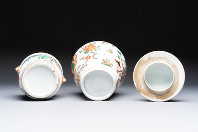 A famille verte-style armorial covered vase, a jar and a clog-shaped bowl, Samson, Paris, 19th C.
