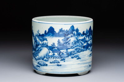 A Chinese blue and white 'Landscape' tripod censer, 20th C.
