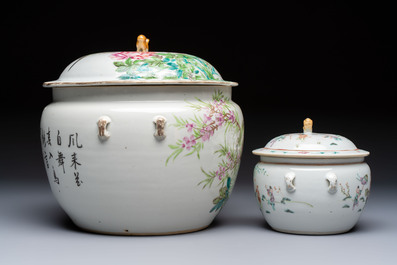 Two Chinese famille rose covered bowls and three grisaille saucers, Tongzhi and Qinghua Ciye Gongsi 慶華瓷業公司 marks, one signed Zi Wen 子文, 19/20th C.