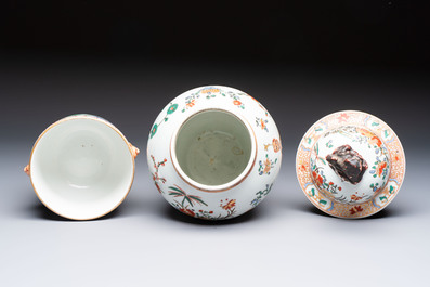 A famille verte-style armorial covered vase, a jar and a clog-shaped bowl, Samson, Paris, 19th C.
