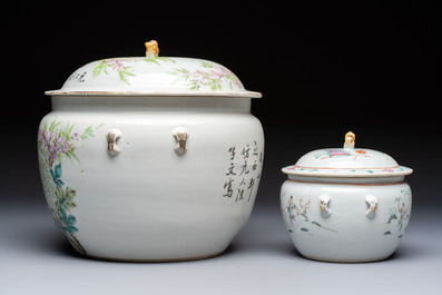 Two Chinese famille rose covered bowls and three grisaille saucers, Tongzhi and Qinghua Ciye Gongsi 慶華瓷業公司 marks, one signed Zi Wen 子文, 19/20th C.