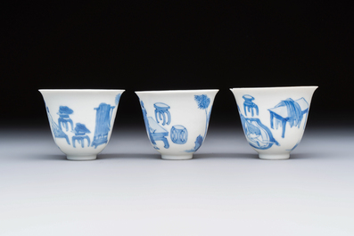 Three Chinese blue and white 'Erotic' wine cups, Yan Shui Yu Shi Zhi Zhen and Chenghua mark, Kangxi