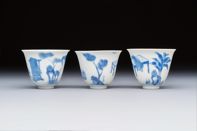 Three Chinese blue and white 'Erotic' wine cups, Yan Shui Yu Shi Zhi Zhen and Chenghua mark, Kangxi