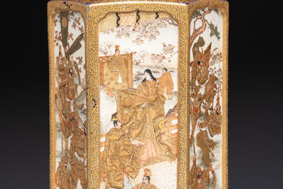 A fine Japanese Satsuma hexagonal vase with narrative design, Kinkozan 錦光山 mark, Meiji, 19th C.