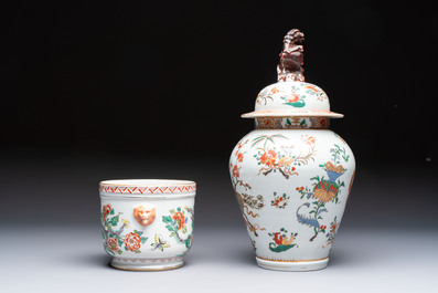 A famille verte-style armorial covered vase, a jar and a clog-shaped bowl, Samson, Paris, 19th C.