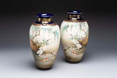 A fine pair of Japanese Satsuma 'Birds and Flowers' vases, Kinkozan 錦光山 mark, Meiji, 19th C.