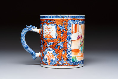 A Chinese famille rose 'Chui Xiao Yin Feng 吹簫引鳳' plate and a Canton famille rose tankard with figural design, Yongzheng/Qianlong