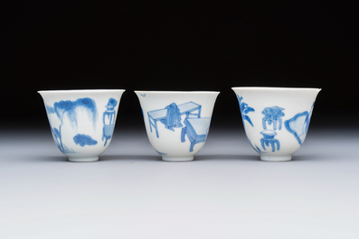 Three Chinese blue and white 'Erotic' wine cups, Yan Shui Yu Shi Zhi Zhen and Chenghua mark, Kangxi