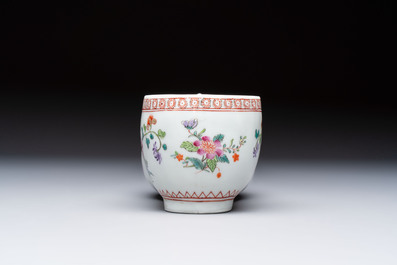 A famille verte-style armorial covered vase, a jar and a clog-shaped bowl, Samson, Paris, 19th C.