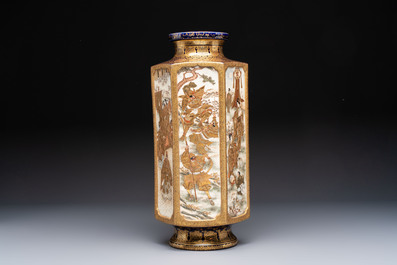 A fine Japanese Satsuma hexagonal vase with narrative design, Kinkozan 錦光山 mark, Meiji, 19th C.