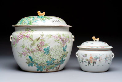Two Chinese famille rose covered bowls and three grisaille saucers, Tongzhi and Qinghua Ciye Gongsi 慶華瓷業公司 marks, one signed Zi Wen 子文, 19/20th C.