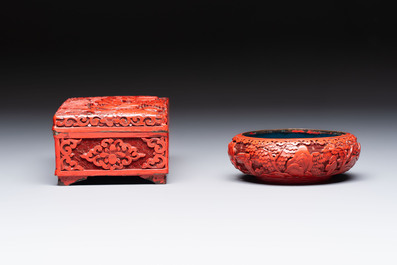 A pair of Chinese cinnabar lacquer bookends, a covered box and a brush washer, 19/20th C.