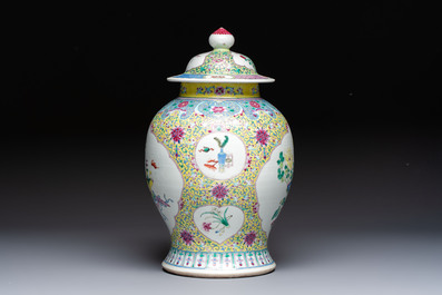 A Chinese famille rose vase and cover with birds among flowering branches, 19th C.