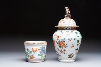 A famille verte-style armorial covered vase, a jar and a clog-shaped bowl, Samson, Paris, 19th C.