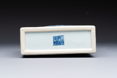 A Chinese blue, white and copper-red celadon-ground tea caddy with floral and bamboo design, Qianlong mark and of the period