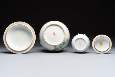 Two Chinese famille rose covered bowls and three grisaille saucers, Tongzhi and Qinghua Ciye Gongsi 慶華瓷業公司 marks, one signed Zi Wen 子文, 19/20th C.