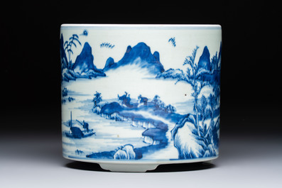 A Chinese blue and white 'Landscape' tripod censer, 20th C.