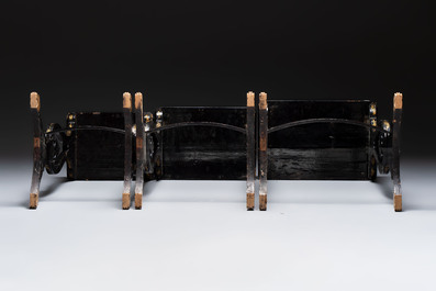 A set of three Chinese Canton gilt-lacquered nesting tables with narrative design, 19th C.