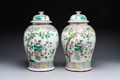 A pair of Chinese famille rose 'Roosters' vases and covers, 19th C.