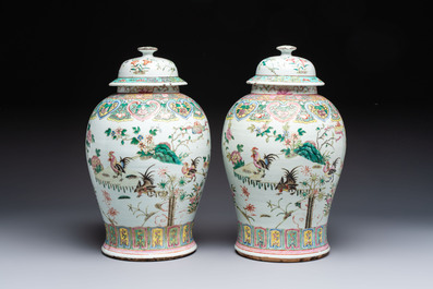 A pair of Chinese famille rose 'Roosters' vases and covers, 19th C.