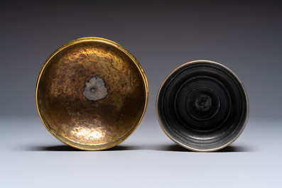 A blue and white Dutch Delft tobacco jar and two French tobacco jars with brass lids, 18/19th C.