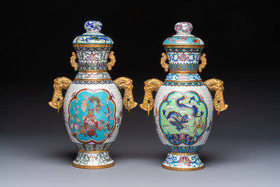 Two Chinese cloisonn&eacute; vases on wooden stands, 20th C.