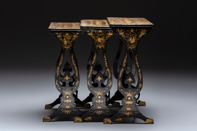 A set of three Chinese Canton gilt-lacquered nesting tables with narrative design, 19th C.