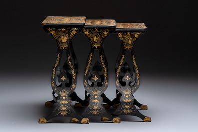 A set of three Chinese Canton gilt-lacquered nesting tables with narrative design, 19th C.