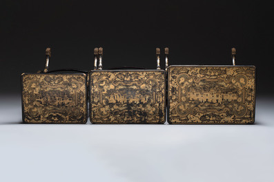 A set of three Chinese Canton gilt-lacquered nesting tables with narrative design, 19th C.